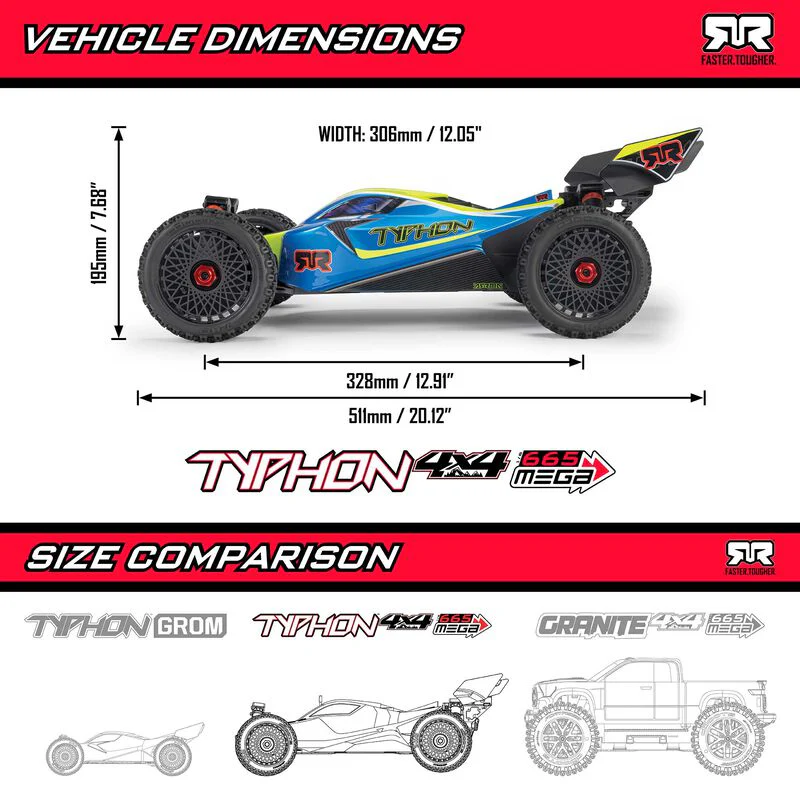 ARRMA 1/8 TYPHON MEGA 665 4X4 RTR Brushed Buggy - Yellow - Image 28