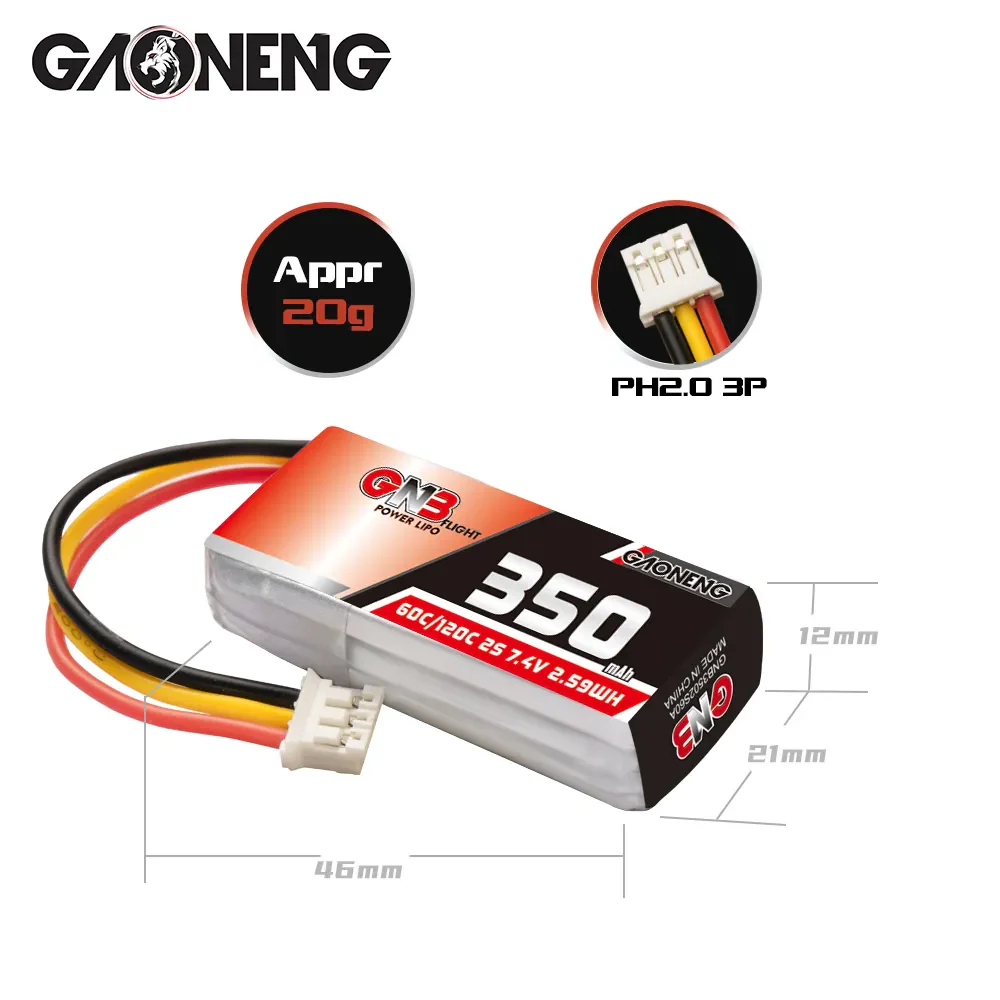 GAONENG GNB 2S 7.4V 350mAh 60C LiPo Battery PH2.0 3Pin Connector - Image 2