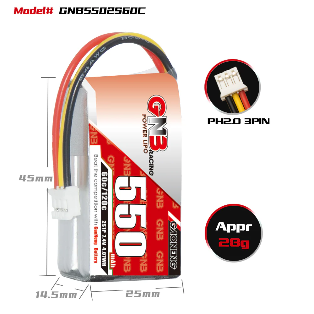 GAONENG GNB 2S 7.4V 550mAh 60C LiPo Battery PH2.0 3Pin Connector - Image 3