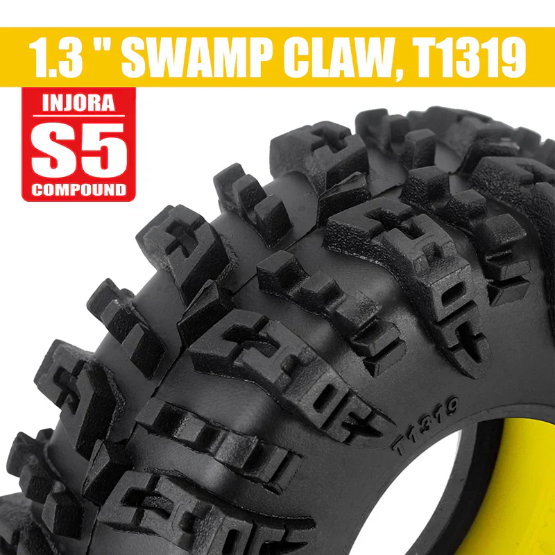 INJORA 1.3" 70*27mm Swamp Claw Tires & Silicone Rubber Inserts Combo (4) - Yellow (Super Soft) - Image 2