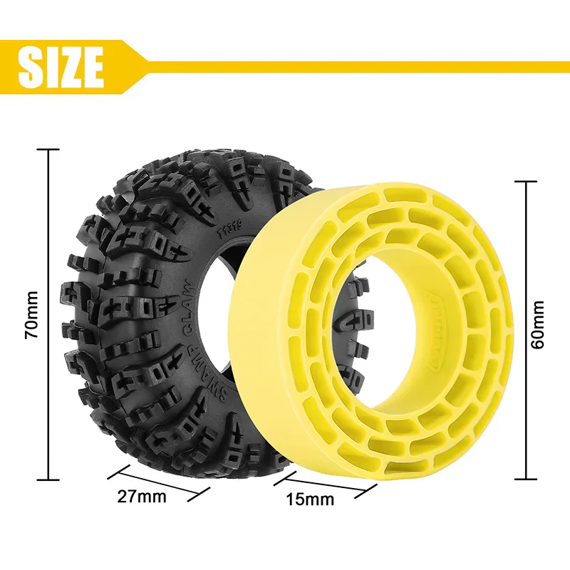 INJORA 1.3" 70*27mm Swamp Claw Tires & Silicone Rubber Inserts Combo (4) - Yellow (Super Soft) - Image 3
