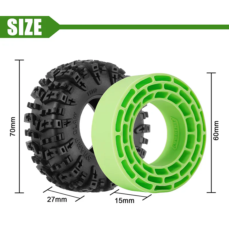 INJORA 1.3" 70*27mm Swamp Claw Tires & Silicone Rubber Inserts Combo (4) - Green (Soft) - Image 4