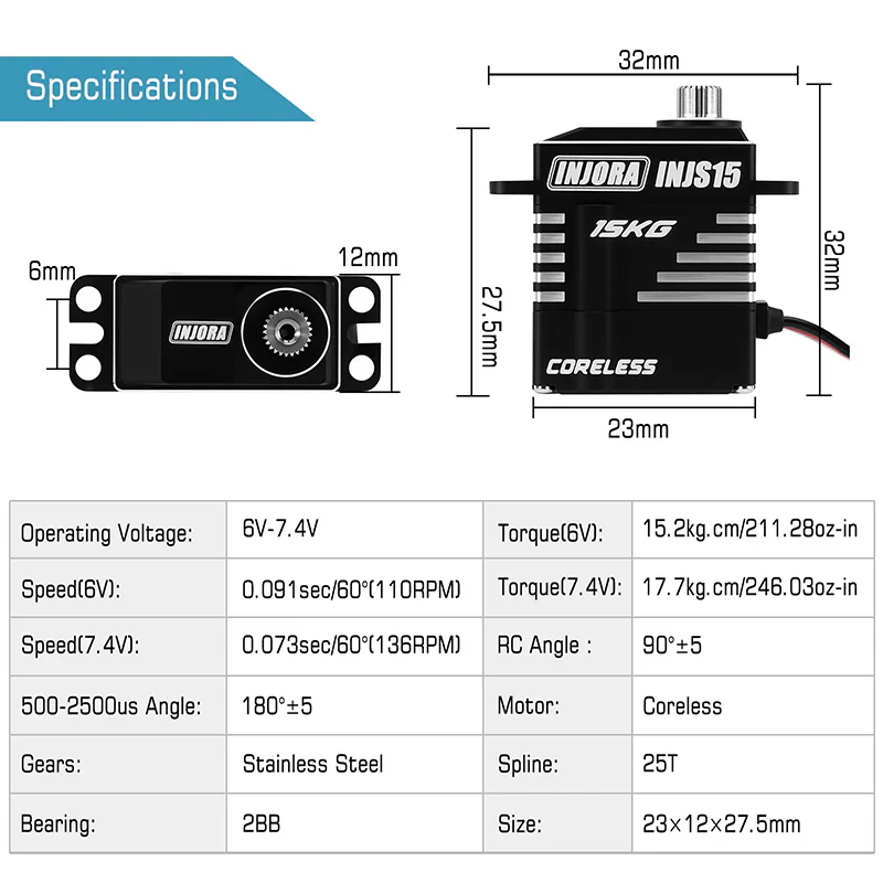 INJORA INJS15 15KG Coreless High Torque Micro Servo for 1/18 1/24 RC Crawler - Image 7