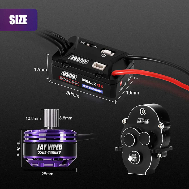 INJORA MBL32 G2 Waterproof Brushless ESC & 2204 Fat Viper Motor for 1/18 TRX4M - Image 5