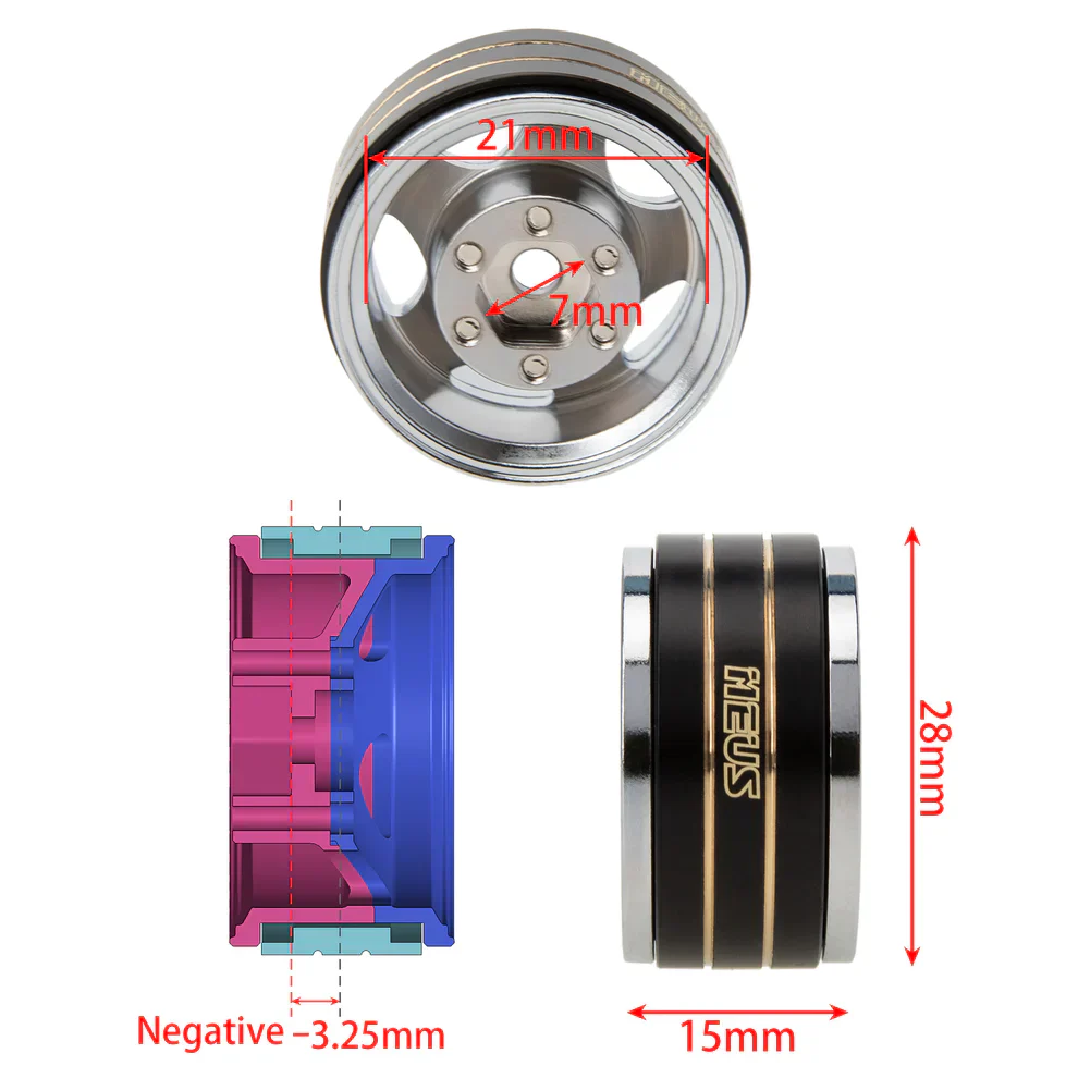 MEUS RACING 1.0 Beadlock Wheel Aluminum Chrome-Plated Brass Inner Ring Negative Offset -3.25mm for Axial SCX24 TRX4M - Five Star A - Image 3