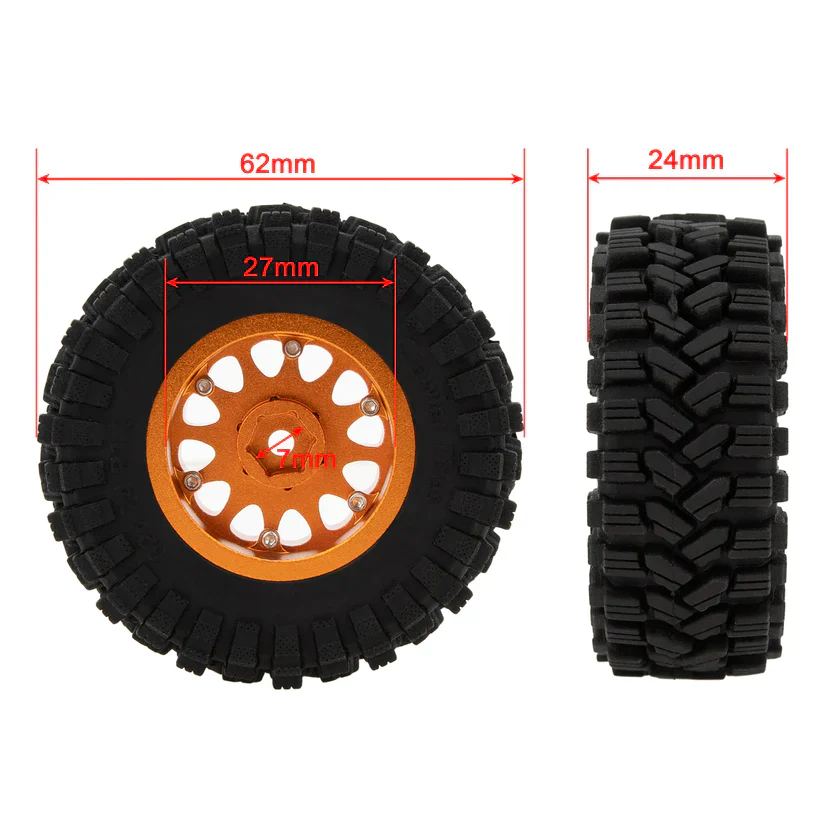 MEUS RACING 1.2 inch Aluminium Wheels With 62*24 Tires for TRX4M SCX24 FCX24 - Type A Yellow - Image 2