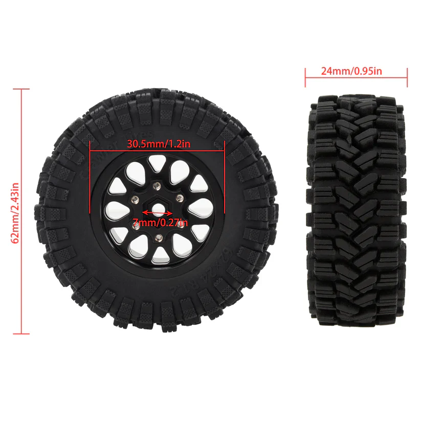 MEUS Racing 1.2 inch Beadlock Wheels Brass 1.0(plus) Wheel & Tire Set 62*24MM -4MM Negative Hub 77G For TRX4M SCX24 - Sport C - Image 2