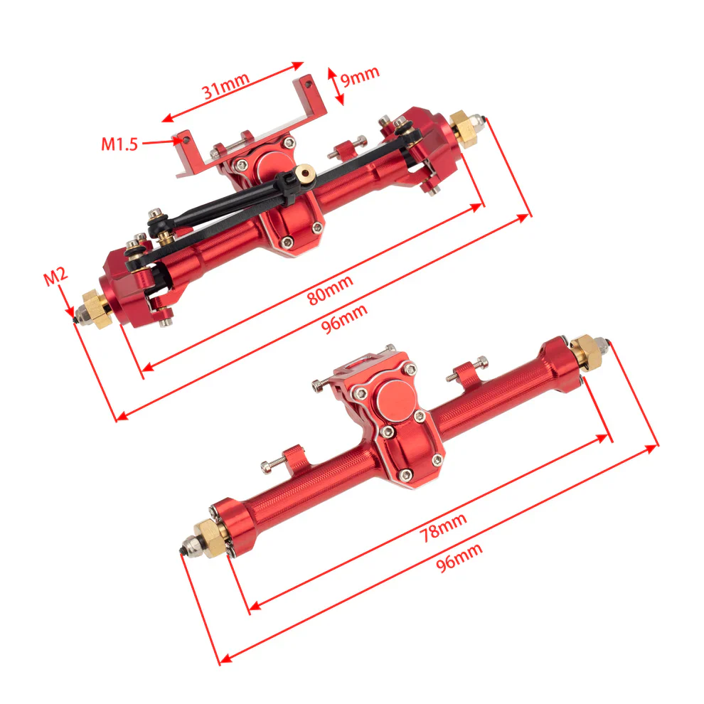 MEUS Racing 1/24 RC Crawler Car CNC Aluminum Front and Rear Axle for SCX24 90081 C10 1/24 RC Crawler Car CNC Aluminum Front and Rear Axle for SCX24 90081 C10 Jeep (Red) - Image 4