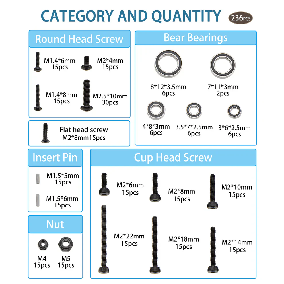 MEUS Racing Bushings Bearings Screws 236pcs Kit for Redcat Ascent-18 1/18 RC Crawler Upgrade Parts - Image 6
