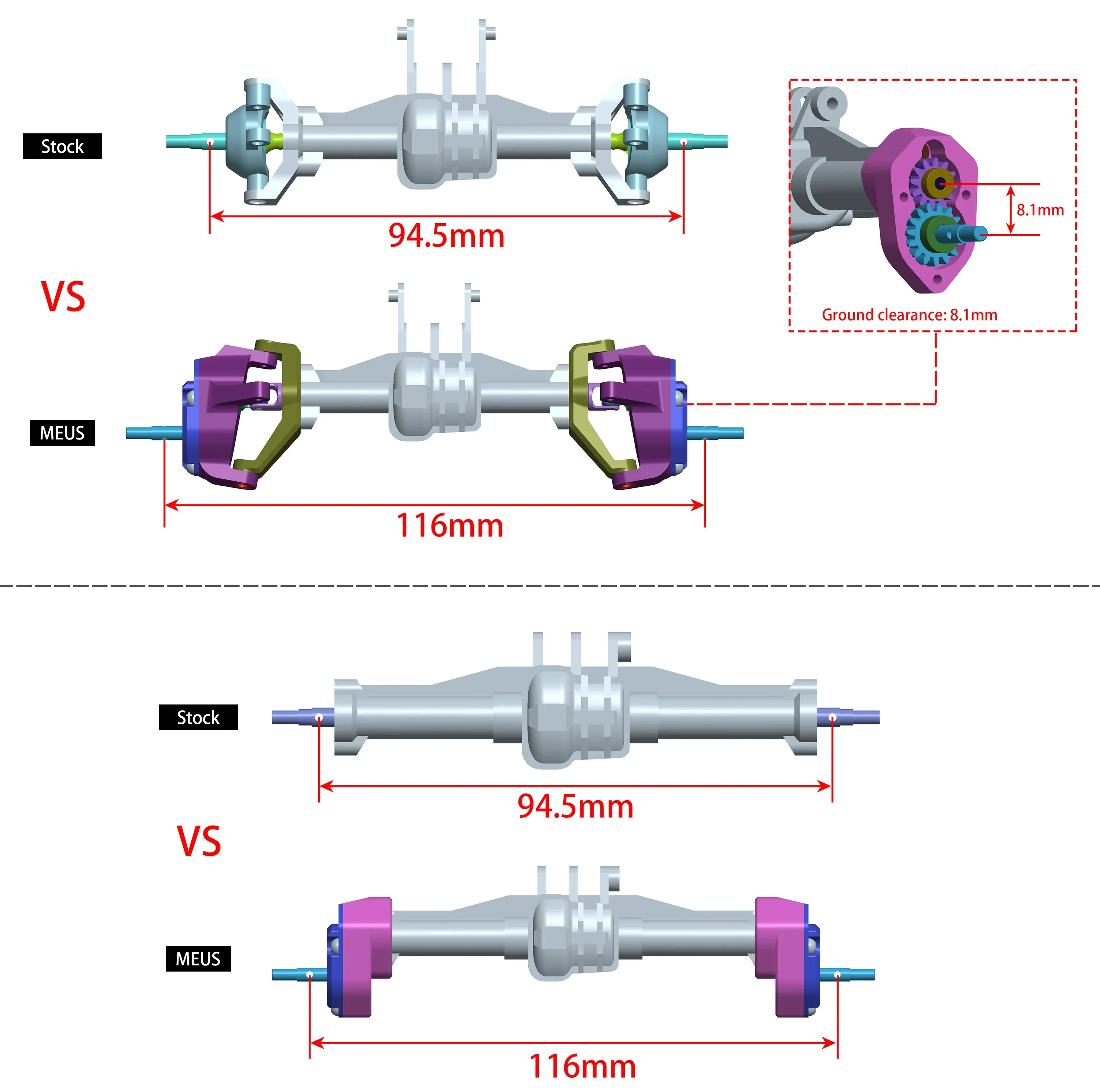 MEUS RACING Front and Rear Portal axle DIY kit Aluminum Straight axle to Portal axle kit Ground Clearance +8.1MM for 1/18 TRX4M (Aluminum Black) - Image 3
