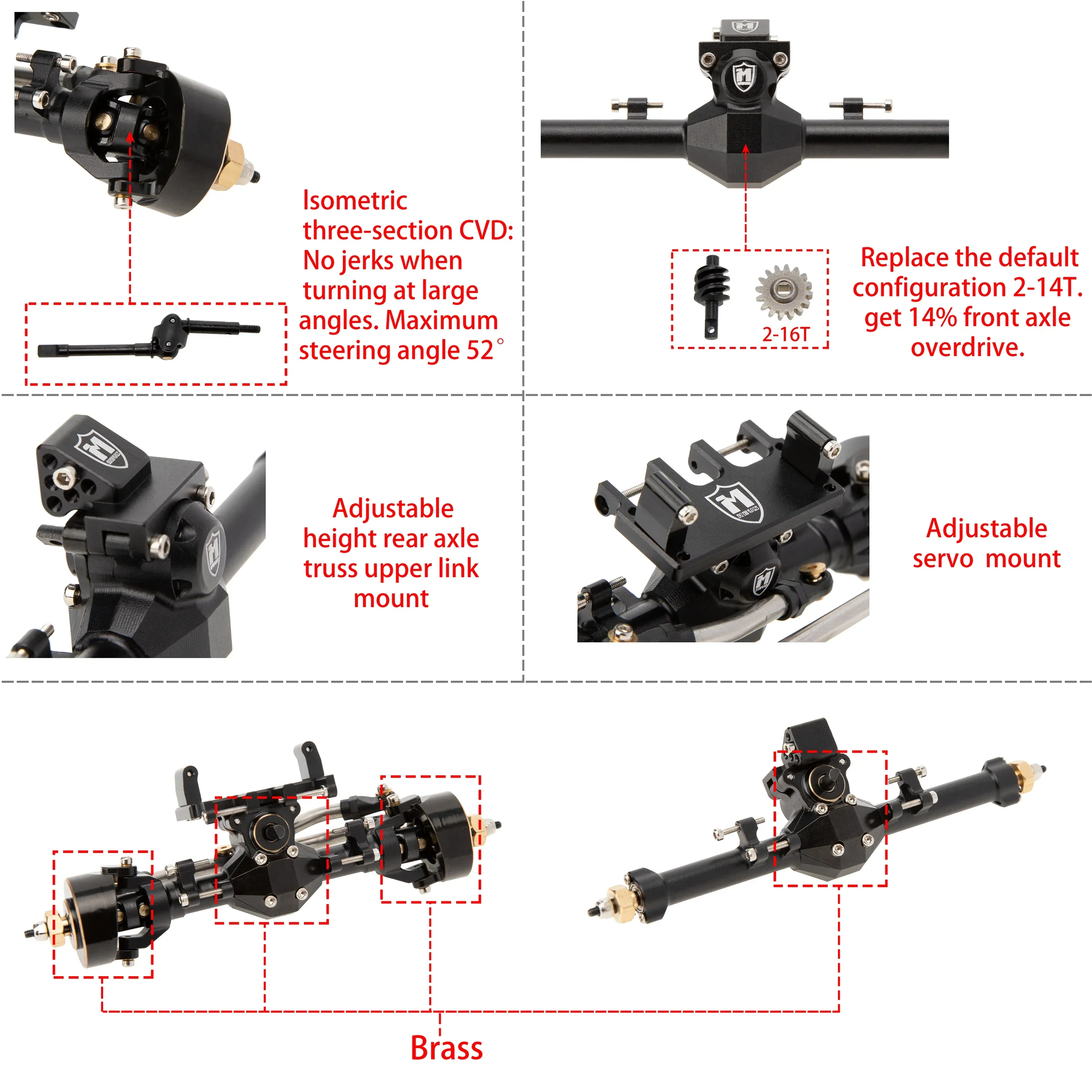 MEUS RACING Isokinetic 3-Section CVD Front and Rear Axles Maximum Steering Angle 52° Wider +5MM for Axial SCX24 Deadbolt C10 JLU Gladiator Bronco 1/24 RC Crawler Upgrade Parts (Black, Front and Rear) - Image 5