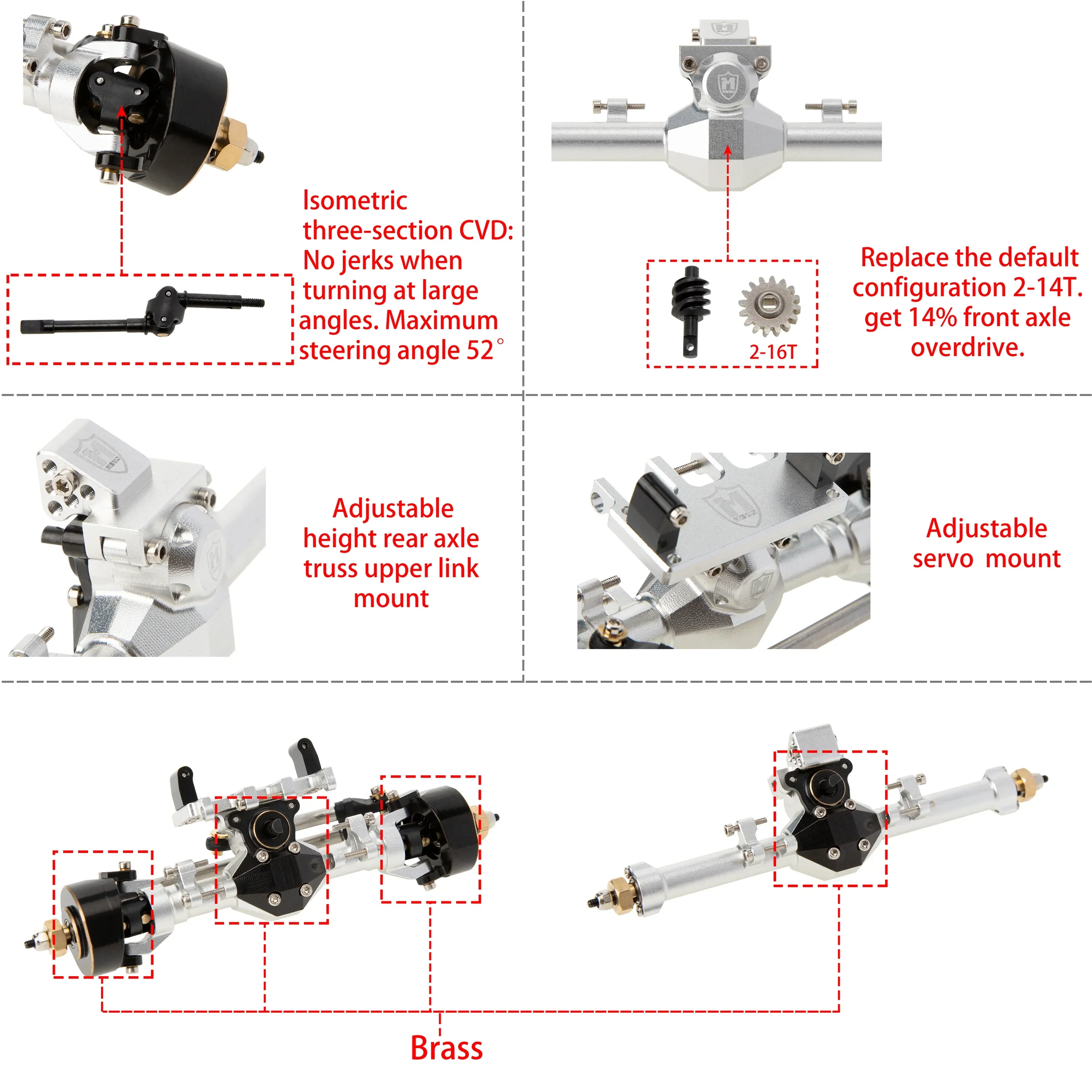 MEUS RACING Isokinetic 3-Section CVD Front and Rear Axles Maximum Steering Angle 52° Wider +5MM for Axial SCX24 Deadbolt C10 JLU Gladiator Bronco 1/24 RC Crawler Upgrade Parts (SILVER, Front and Rear) - Image 4
