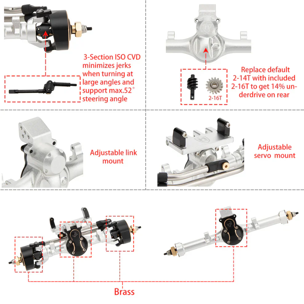 MEUS Racing SCX24 Metal V2 Isokinetic Front Rear Axles +5MM Isokinetic 3-Section CVD With 52° Steering Angle for 1/24 SCX24 - Image 4