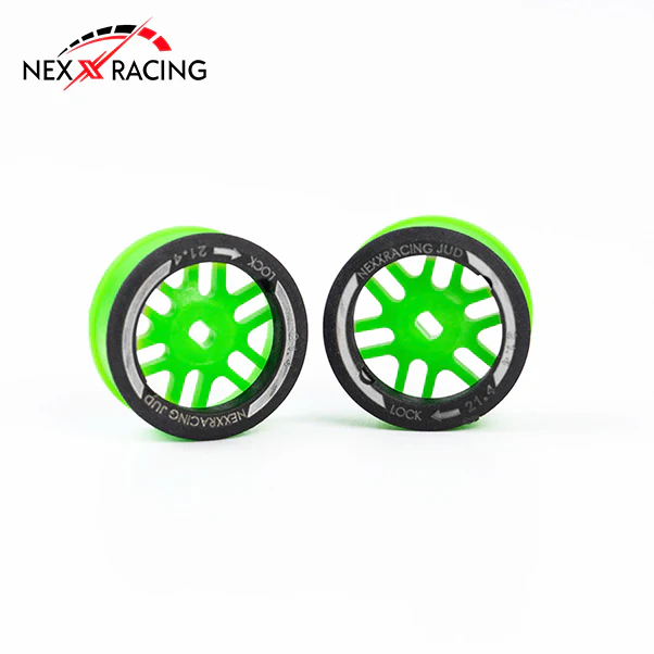 Nexx Racing āJUDā threaded carbon-fiber reinforced EVO AWD Flanged Rear Wheels (2) pcs for Mini-Z (GREEN)