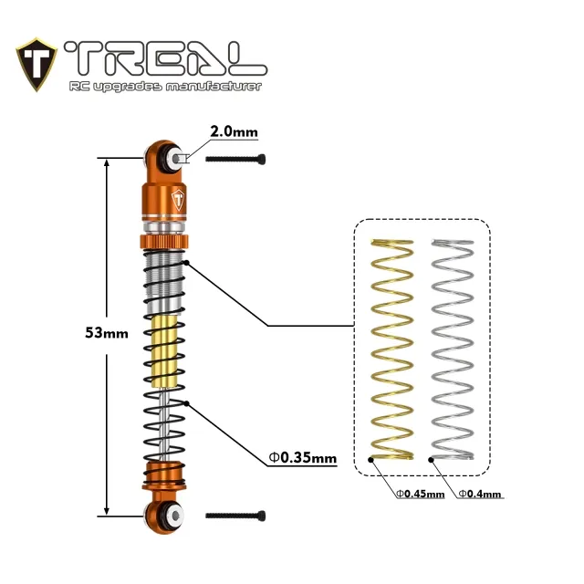 TREAL AX24 Shocks 53mm Aluminum Threaded Shock Adjustable Absorber Oil Damper compatible with 1/24 Axial AX24 XC-1 Upgrades (ORANGE) - Image 3